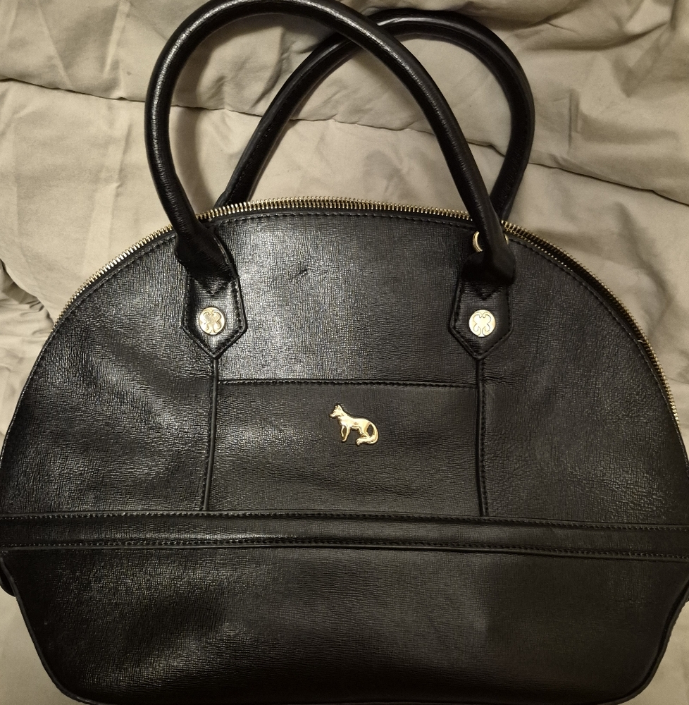 Black Dome Satchel Handbag with Gold Fox Emblem